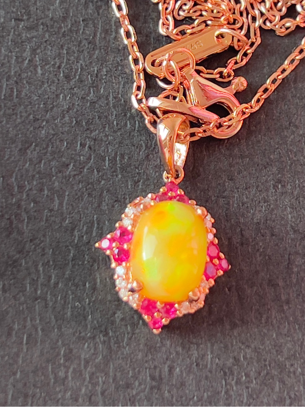 Rose Gold Opal Pendant Necklace with Rubies and Diamond’s in 10k - Picture 11 of 17